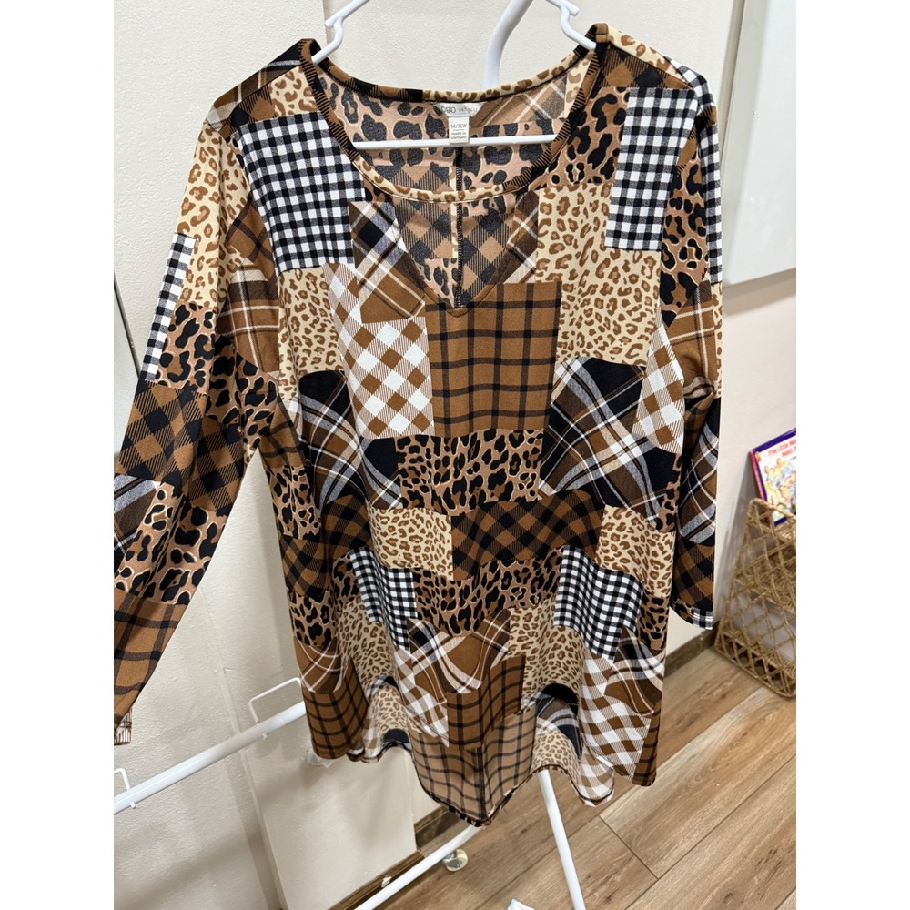 Cowgirl Western Chic Patchwork Tunic Brown 14/16W‎ Leopard Plaid Cato